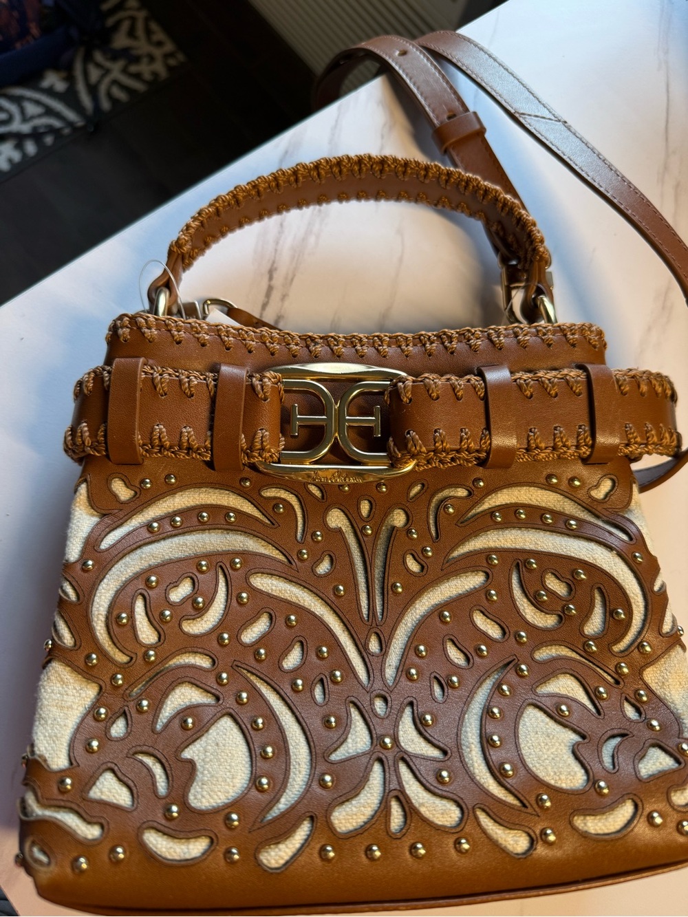 Sam Edelman Tan and Cream Cutout Top-Handle Satchel